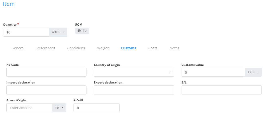 Shipment items - customs fields